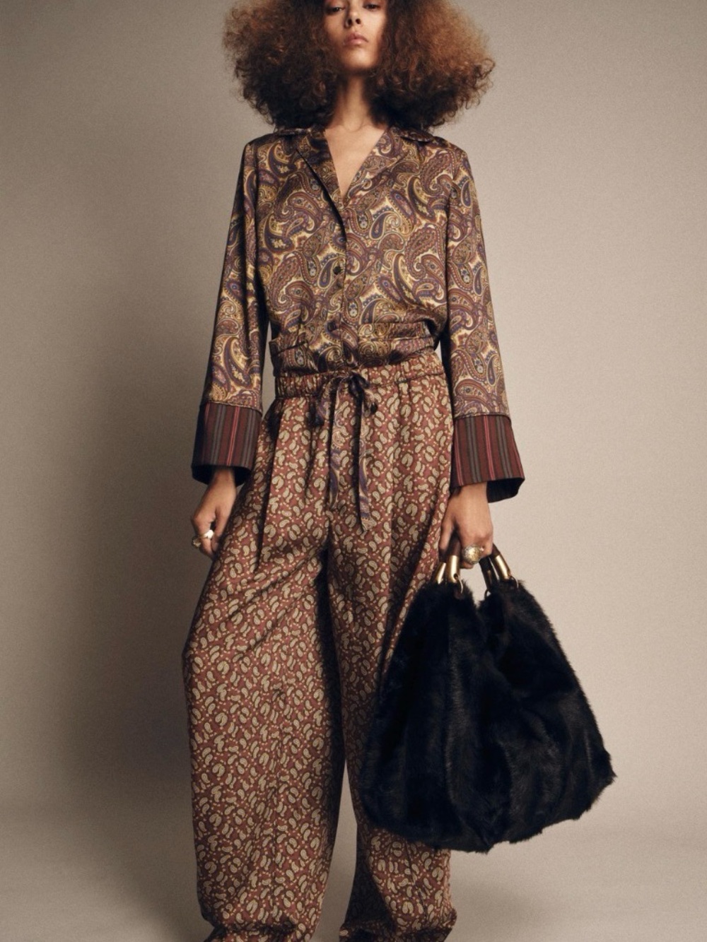 Zara Burgundy Paisley Wide-Leg Drawstring Pants